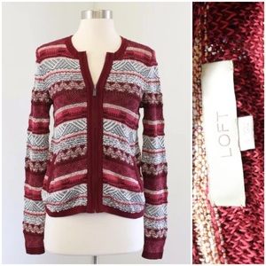 Loft Maroon Striped Zip Up Cardigan Sweater